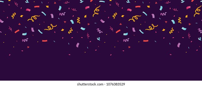 Fun confetti purple horizontal seamless border. Great for a birthday party or an event celebration invitation or decor. Surface pattern design.