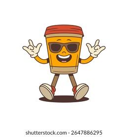 Fun and confident coffee cup mascot with cool sunglasses and playful pose. Character shows rock on and thumbs-up gestures, perfect for branding, marketing, advertising, and social media campaigns