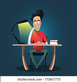 Fun confident young boy studying late at night. He is sitting at desk and reading a book. Education concept. Flat cartoon vector illustration
