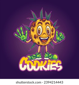 Galletas divertidas kush y bonitos chips de chocolate ilustraciones vectoriales para tu trabajo logo, camiseta de mercadería, pegatinas y diseños de etiquetas, afiche, tarjetas de felicitación marca de empresa comercial