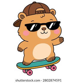 A fun and cool illustration of a cute brown bear character wearing sunglasses and a backwards baseball cap, happily riding on a green skateboard.