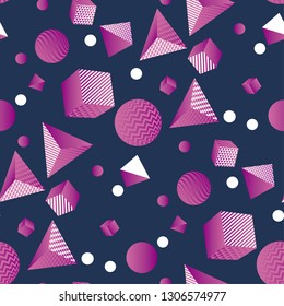 Fun and cool retro style seamless pattern with the chaos of geometric forms and shapes. Abstract geometric repeatable motif for fabric, wrapping paper, background, print and web projects. vector illus
