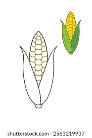 A fun corn-with-leaves coloring page featuring a detailed ear of corn surrounded by lush leaves. Perfect for kids and adults to enjoy creative coloring.