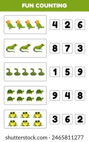 Fun counting and choosing the correct number of cute green animal printable pet worksheet