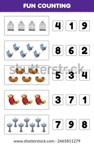 Fun counting and choosing the correct number of cute bird and stuff printable pet worksheet