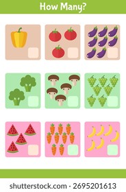 fun counting worksheet with colorful vegetables and fruits for young learners' education