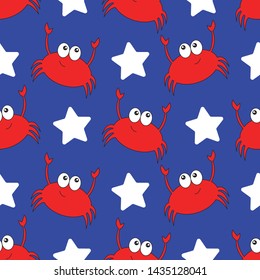 Fun Crab Beach  With Stars Seamless Vector Pattern. Great For Fourth Of July Projects. Hand Drawn Elements Make Up This Unique Pattern. Perfect For Fabrics, Towels, Pillows, Scrapbooking, Gift Wrap 