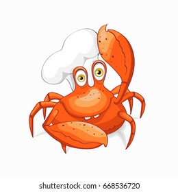 Fun crab chef in cook cap. Isolated on white background.