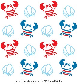 Fun crabs and shells in the sea. Childish seamless pattern. Vector