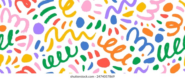 Fun crayon doodle lines and dots seamless pattern. Creative minimalist style background for children or trendy design with basic shapes. Colorful squiggles, swirls, scribbles, wavy lines and dashes.