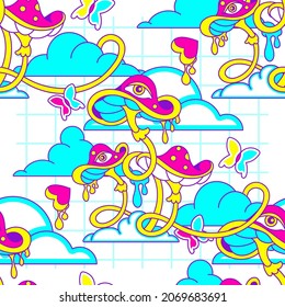 Fun crazy seamless pattern with psychedelic glowing mushrooms. Electric hippie shrooms, floral tricky background.