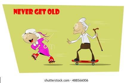 Fun and crazy senior people. She rides on roller skates, and grandfather goes after her on skateboard. Concept resilient seniors. Never aging and forever young. Vector comic illustration.