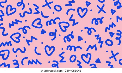 Fun creative abstract background with blue lines on pink backdrop. Trendy design with basic shapes.