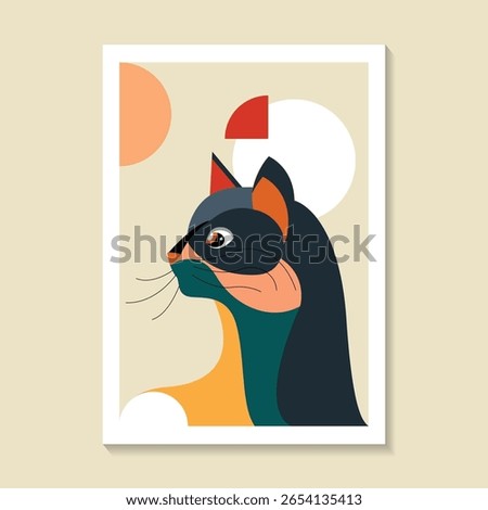 Fun creative cat portraits in minimalistic geometric boho style drawing with abstract shapes. Mid century modern wall art print poster, home decor, modern canvas, postcard