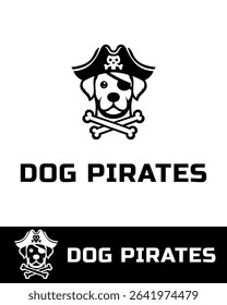 Fun and creative dog pirate logo featuring a dog with an eye patch, pirate hat, and crossbones in black and white vector