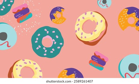 Fun and creative donut background with a mix of classic, bitten, and candy-coated donuts along with eclairs on a soft pink background. A delightful seamless design for confectionery lovers visuals.