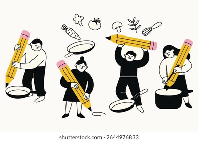 Divertido e criativo doodle vetor mostrando personagens cozinhando com lápis gigantes, panelas e vegetais. Perfeito para educação culinária, livros de receitas, ou projetos de cozinha temática.