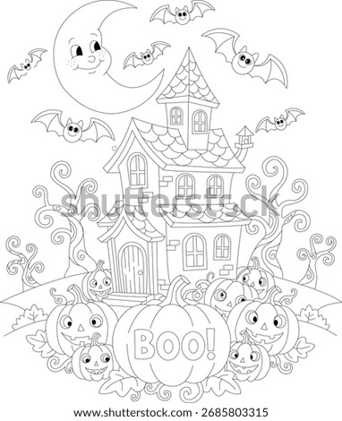Fun and creative Halloween coloring page featuring a friendly ghost, carved pumpkins, spooky bats, and a haunted house. Perfect for children’s activity books, printable worksheets, classroom use, and 