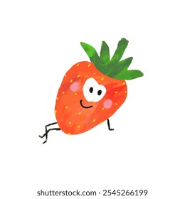 A fun and creative illustration of a cute strawberry with eyes and legs. Perfect for children's books, posters or cards with a positive mood.