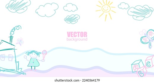 Diversión Creativo estilo minimalista para niños diseño moderno con dibujos coloridos dibujados a mano para la escuela, preescolar o guardería. Sencillo escenario de garrapatas infantiles. Ilustración vectorial.