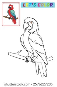 A fun and creative parrot coloring page featuring a beautifully detailed outline of a perched parrot. This printable activity is perfect for kids. Ideal for home, school, or educational projects