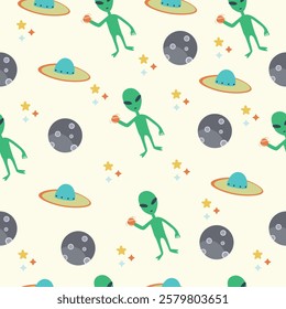 A fun and creative pattern featuring cartoon aliens, UFOs, planets, and stars on a light background