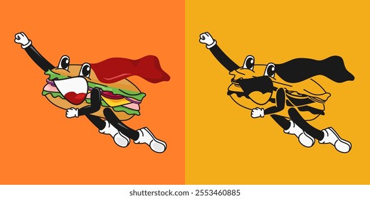 A fun and creative superhero sandwich character flying with a red cape and dynamic pose. Perfect for food-related branding, advertisements, or playful designs