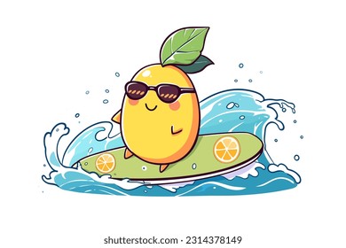 A fun creature from the lemon with sunglasses and a surfboard