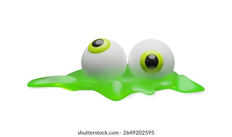 Ilustração divertida e assustadora em 3D de dois globos oculares emergindo de um lodo verde brilhante. Os globos oculares de Halloween têm uma textura brilhante com íris verde neon, dando à imagem uma vibração assustadora lúdica.