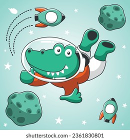 Fun crocodile astronaut on the space with planet rocket looks on outer space beauty, stars, planets and he smiles. vector illustration.
