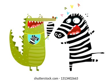Fun Crocodile Eating Zebra Cartoon. Humorous illustration of alligator catching scared zebra.