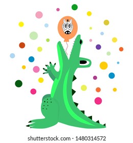 Fun crocodile, he want to eat the zebra, but it just a balloon. Color picture for children.