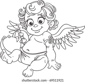 Fun cupid with box of candy black outline for coloring