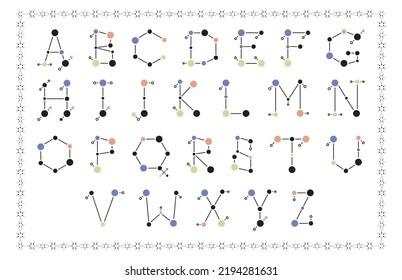 Fun custom made alphabet letters set with atoms and molecules to science, physics, chemistry, technology in a molecular frame.