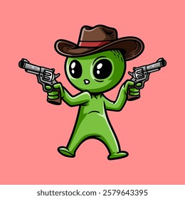 fun cute alien cowboy cartoon character isolated drawing line style sketch classic vintage design illustration