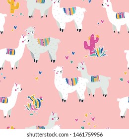 Fun and cute alpaca seamles pattern, cartoon characters on colorful background, trendy and stylish hipster backdrop, great for fashion prints, banners, wallpapers, textiles - vector surface design