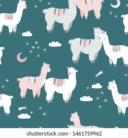 Fun and cute alpaca seamles pattern, cartoon characters on colorful background, trendy and stylish hipster backdrop, great for fashion prints, banners, wallpapers, textiles - vector surface design