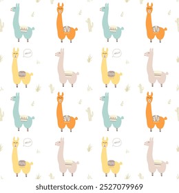 Diversão e bonito alpaca padrão de emenda, personagens de desenhos animados em fundo branco.- design de superfície vetorial