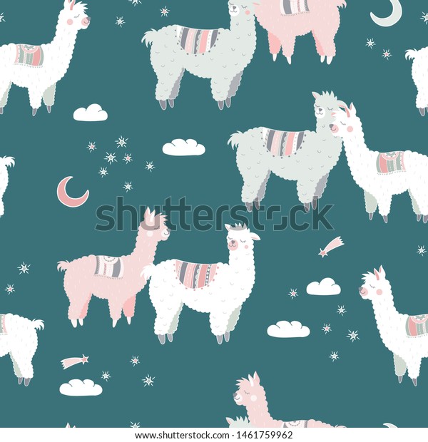 Fun and cute alpaca seamles pattern, cartoon\
characters on colorful background, trendy and stylish hipster\
backdrop, great for fashion prints, banners, wallpapers, textiles -\
vector surface design