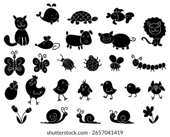 Fun cute animals doodles set of kids monochrome silhouette badge, icons. Hand drawn doodle sketch children's elements. Сhildren draw style design elements
