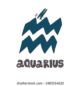 Fun and cute Aquarius trendy doodle style zodiac sign, astrology symbol, icon for your design and print. Hand drawn lettering text. Vector illustration in flat style on isolated background. 