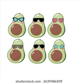 A fun and cute avocado character wearing stylish sunglasses. Summer-themed cartoon fruit illustration, perfect for tropical, healthy food, and organic lifestyle concepts. Isolated vector look