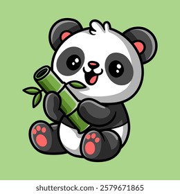 fun cute baby panda hold a bamboo cartoon colored character isolated drawing line style sketch classic vintage design illustration