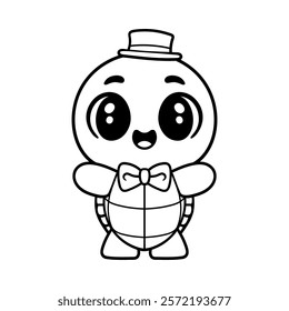 fun cute baby turtle wearing hat cartoon character isolated drawing line style sketch classic vintage design illustration