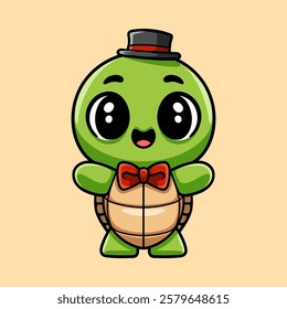 fun cute baby turtle wearing hat cartoon colored character isolated drawing line style sketch classic vintage design illustration