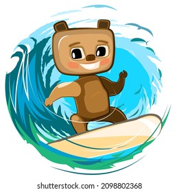 Fun cute Bear goes in for sports on the water. Summer vacation in tropic ocean. Adventure and travel on wave. Surf sports. Isolated on white background. Cartoon style. Vector.
