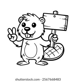 fun cute beaver hold wood sign cartoon isolated drawing line art style sketch classic vintage design illustration