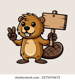 fun cute beaver hold wood sign cartoon colored isolated drawing line art style sketch classic vintage design illustration