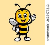 fun cute bee waving colored cartoon character isolated drawing line style sketch classic vintage design illustration