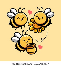 fun cute bees compilation with flower and honey chi-bi colored cartoon character isolated drawing line style sketch classic vintage design illustration